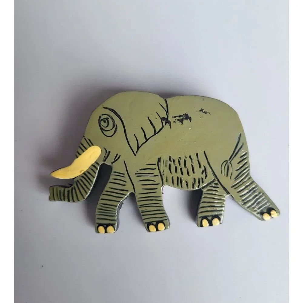 Artisan Hand Painted Elephant Pin Brooch Enamel on Wood 2.5 in